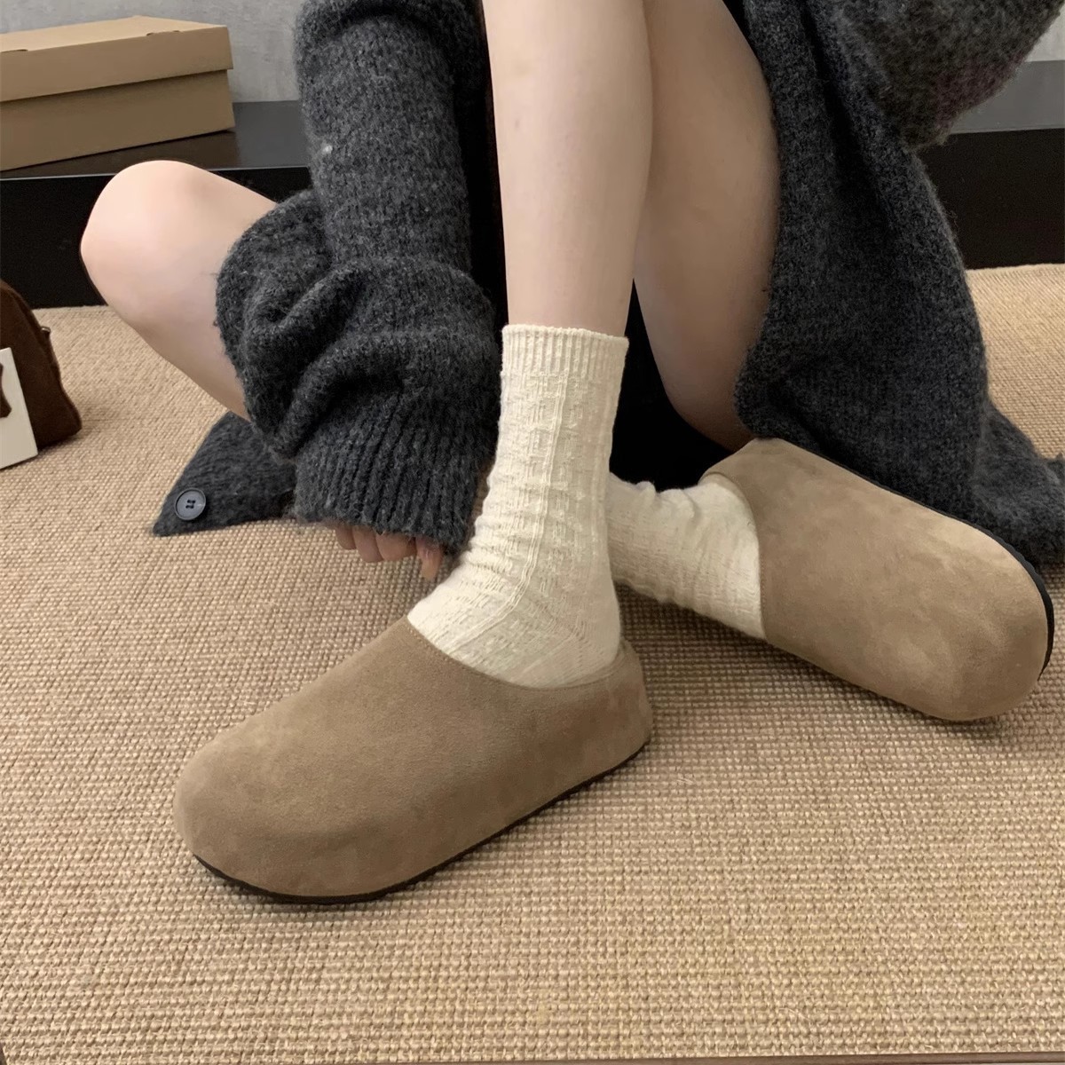 大头丑萌包头半拖懒人穆勒鞋女冬加绒新款真皮勃肯鞋女厚底