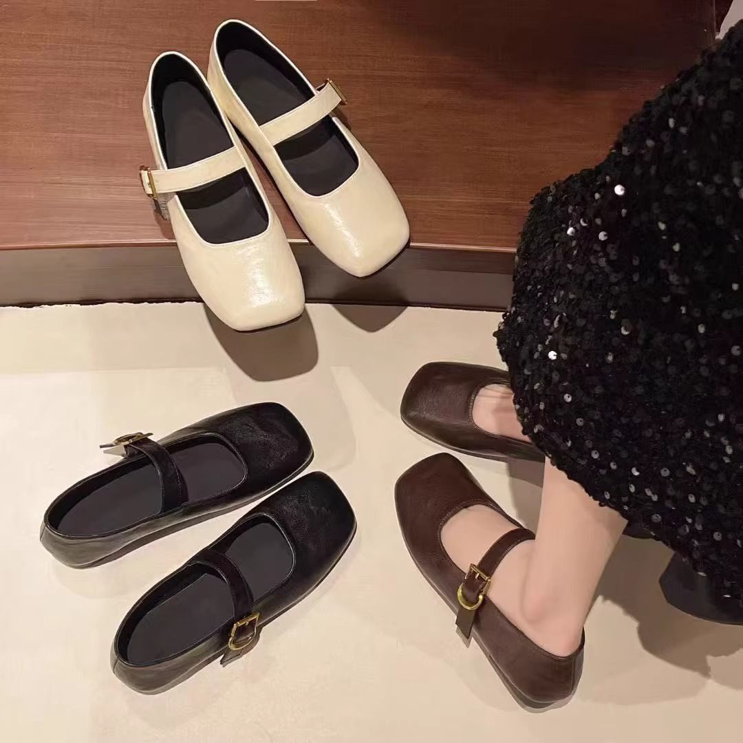 复古方头粗跟单鞋2025新款春季气质搭扣女鞋配裙子法式玛丽珍鞋