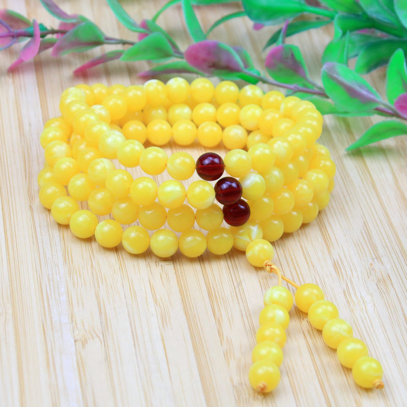 天然鸡油黄蜜蜡佛珠8-9mm圆珠108颗手串项链珠宝念珠琥珀男女款石