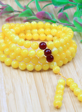 天然鸡油黄蜜蜡佛珠8-9mm圆珠108颗手串项链珠宝念珠琥珀男女款石