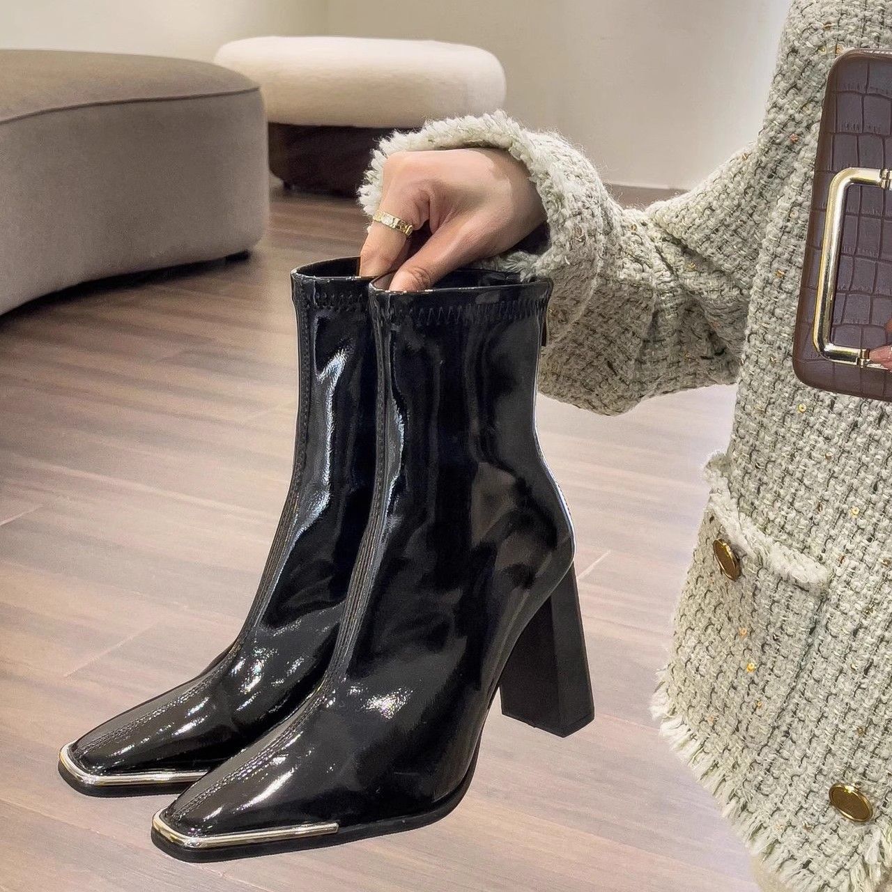 苏菲曼肯豆同款短靴女高跟鞋秋冬季黑色马丁靴粗跟瘦瘦靴2025