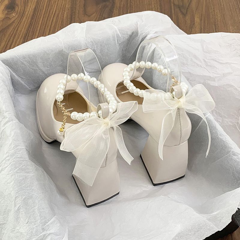 网红小个子白色法式高跟鞋女2023年新款春秋珍珠复古粗跟玛丽珍鞋