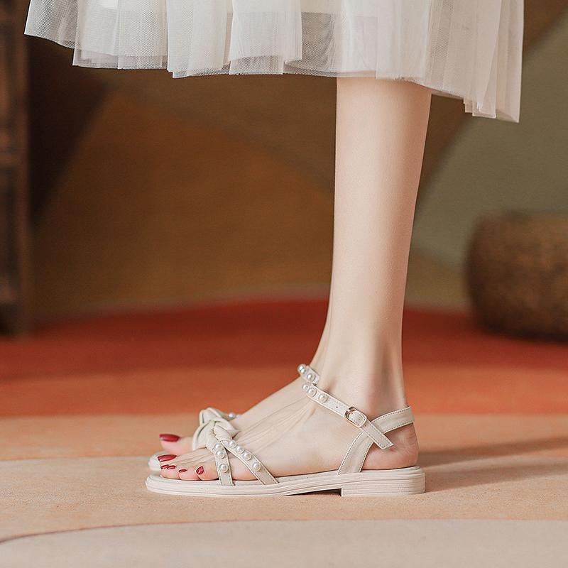 2025今年夏新款百搭学生软底仙女风珍珠一字带配裙子的凉鞋女平底