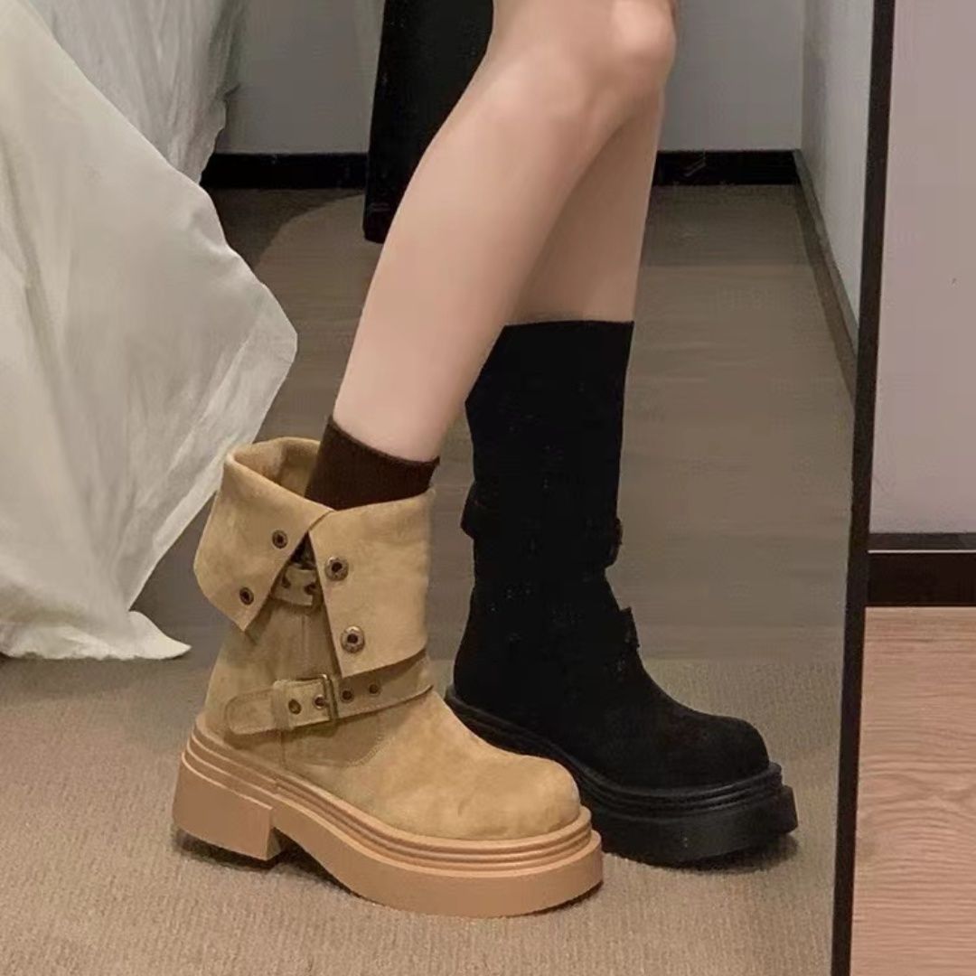 废土风厚底中筒马丁靴女2024新款秋冬季棕色美拉德西部牛仔短靴子