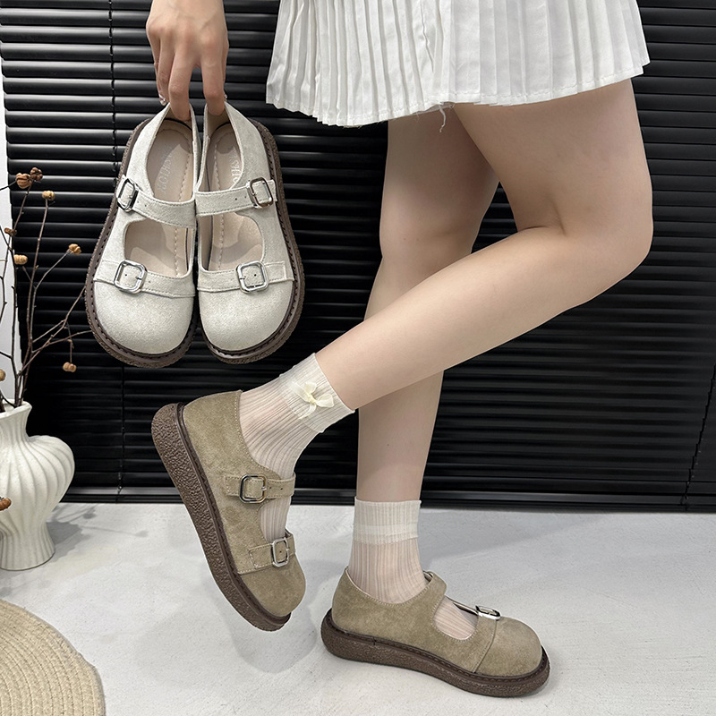 南在南方复古法式厚底浅口玛丽珍单鞋女秋2025新款百搭白色勃肯鞋