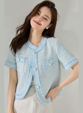 夏法式龄蓝色小香风薄款混色花呢手工拉毛流苏短袖外套15633