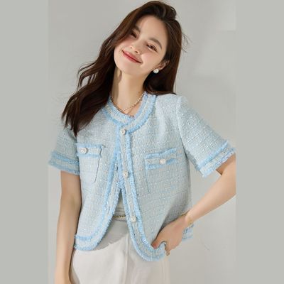 夏法式龄蓝色小香风薄款混色花呢手工拉毛流苏短袖外套15633