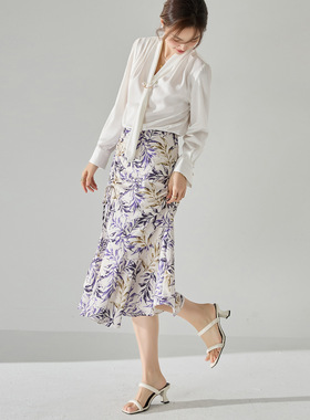 春夏紫藤色印花设计感鱼尾裙优雅通勤碎花显瘦A字半身裙15590