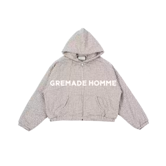 Gremade Retro Beige Fine Plaid Hooded Fleece-Lined Loose Silhouette Hooded Jacket