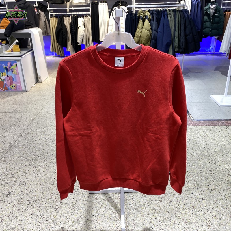 正品PUMA彪马抓绒保暖新年款红色圆领男针织卫衣套头衫691344-11