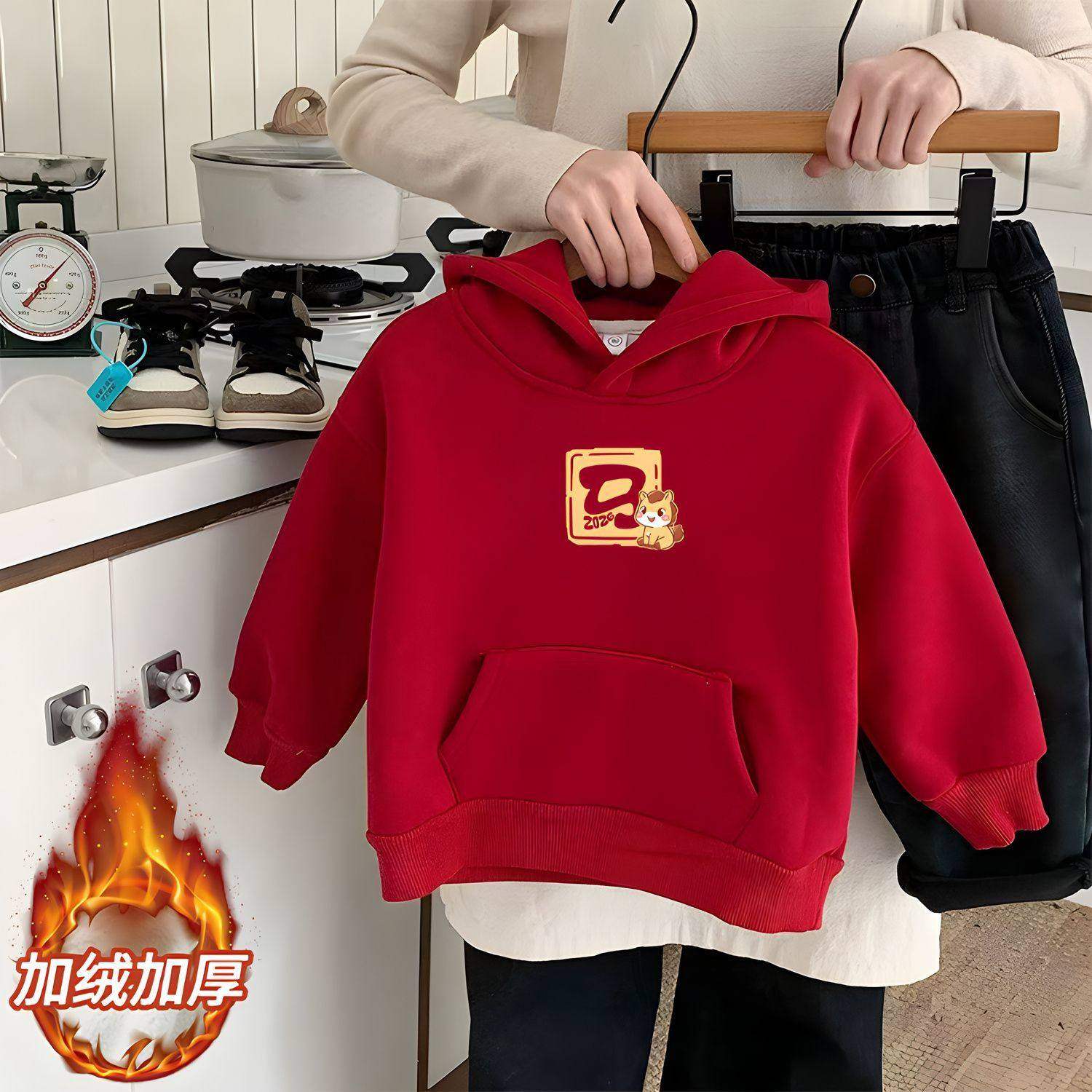 男童冬季加绒卫衣儿童喜庆红色新年拜年服女孩加厚马年连帽卫衣潮