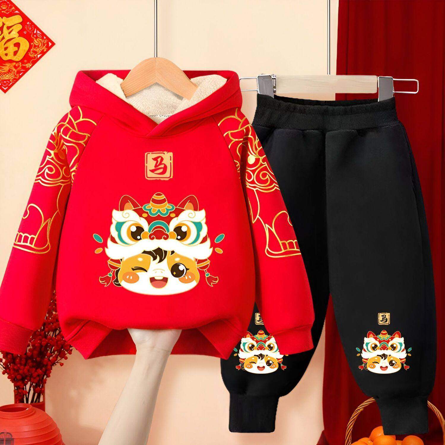 男女童秋冬套装红色加绒花边连帽卫衣2026马年喜庆过年服两件套潮