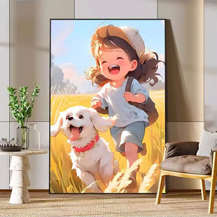 田野治愈系十字绣2025新款 线绣女孩与狗狗客厅儿童卧室挂画手工绣