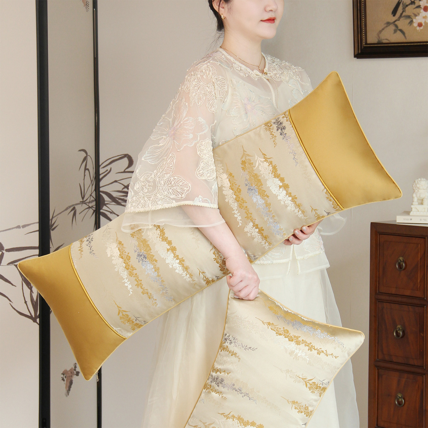 原创设计新中式长条抱枕睡觉枕中古风沙发长靠枕高端加长腰枕套