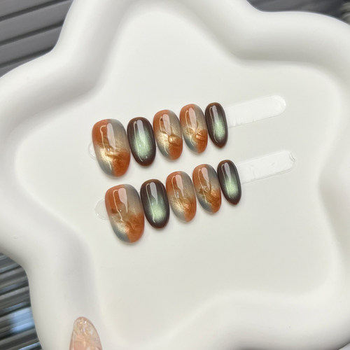 秋冬新款焦糖晕染爆闪气质猫眼美甲贴短款纯欲极简手工穿戴甲显白