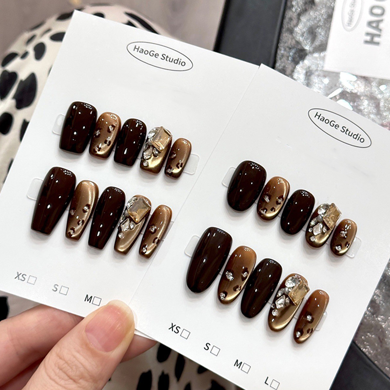 香橙美式复古深棕猫眼手工穿戴甲