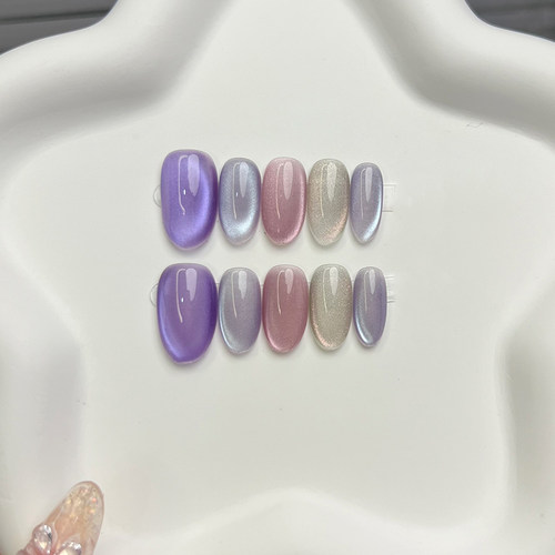 彩色极简高级感爆闪侧光猫眼手工穿戴甲短款纯欲百搭美甲贴可拆卸