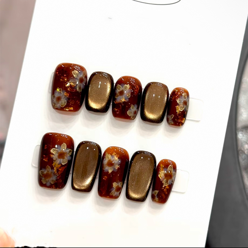 繁花入梦复古金花短款猫眼穿戴甲