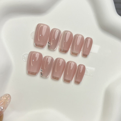 银色魔镜粉法式纯欲简约手工穿戴甲短款裸粉猫眼碎钻美甲显白百搭