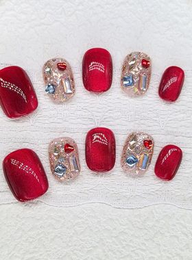 原创【焰红晶语】爆闪红色美甲纯手工显白新年红彩色钻猫眼穿戴甲