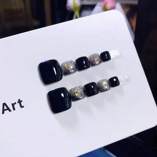 E1035手工脚趾甲穿戴甲黑色脚指甲片可拆卸脚甲显白美甲贴片