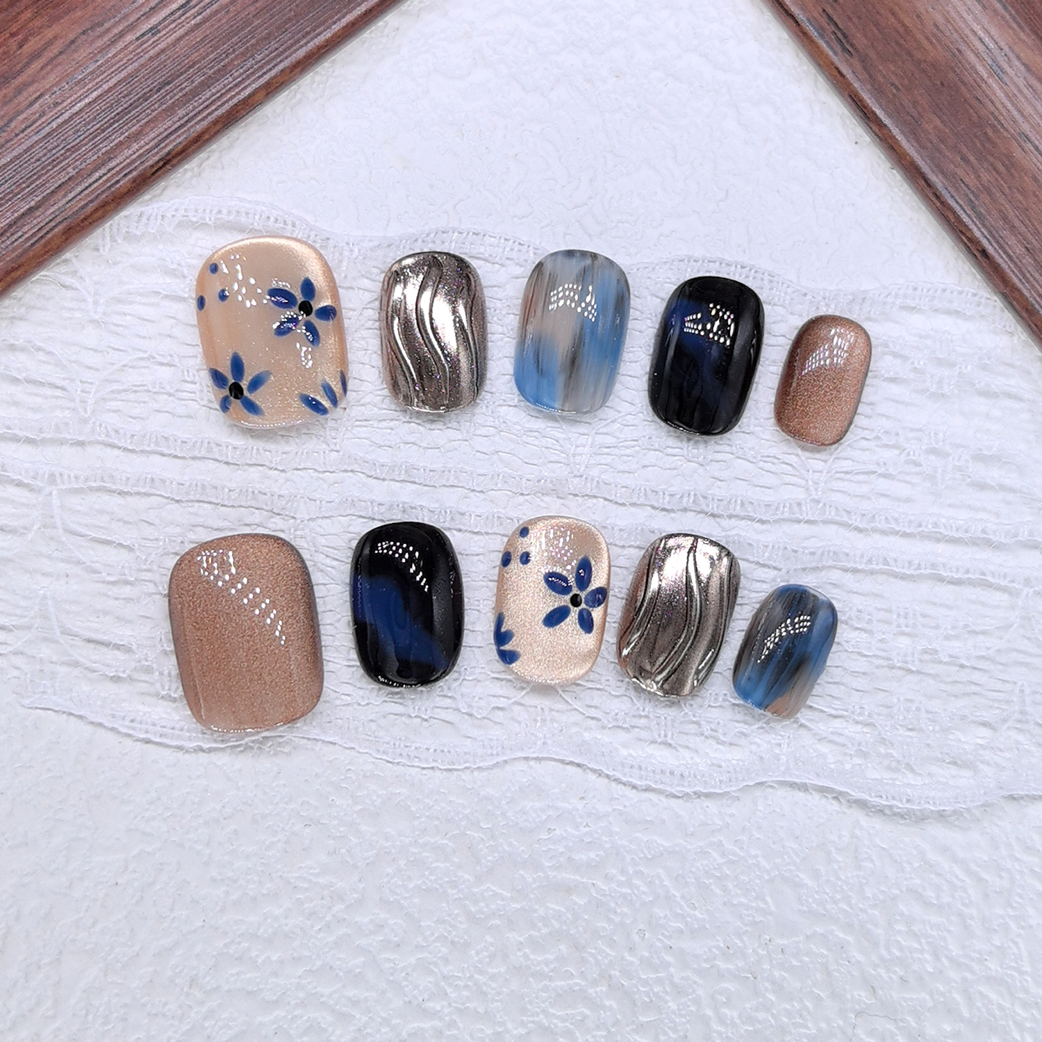 原创【雾蓝棕珀】秋冬新款纯手工高级晕染鎏金猫眼显白百搭穿戴甲