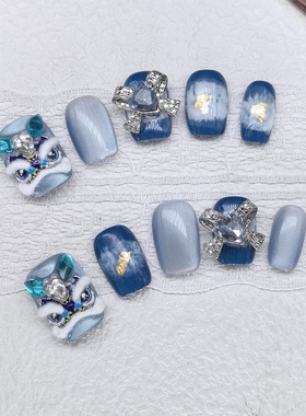 醒狮手工穿戴甲蓝色渐变水钻装饰显白美甲甲片猫眼美甲新年醒狮