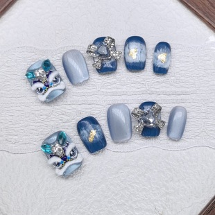 醒狮手工穿戴甲蓝色渐变水钻装饰显白美甲甲片猫眼美甲新年醒狮