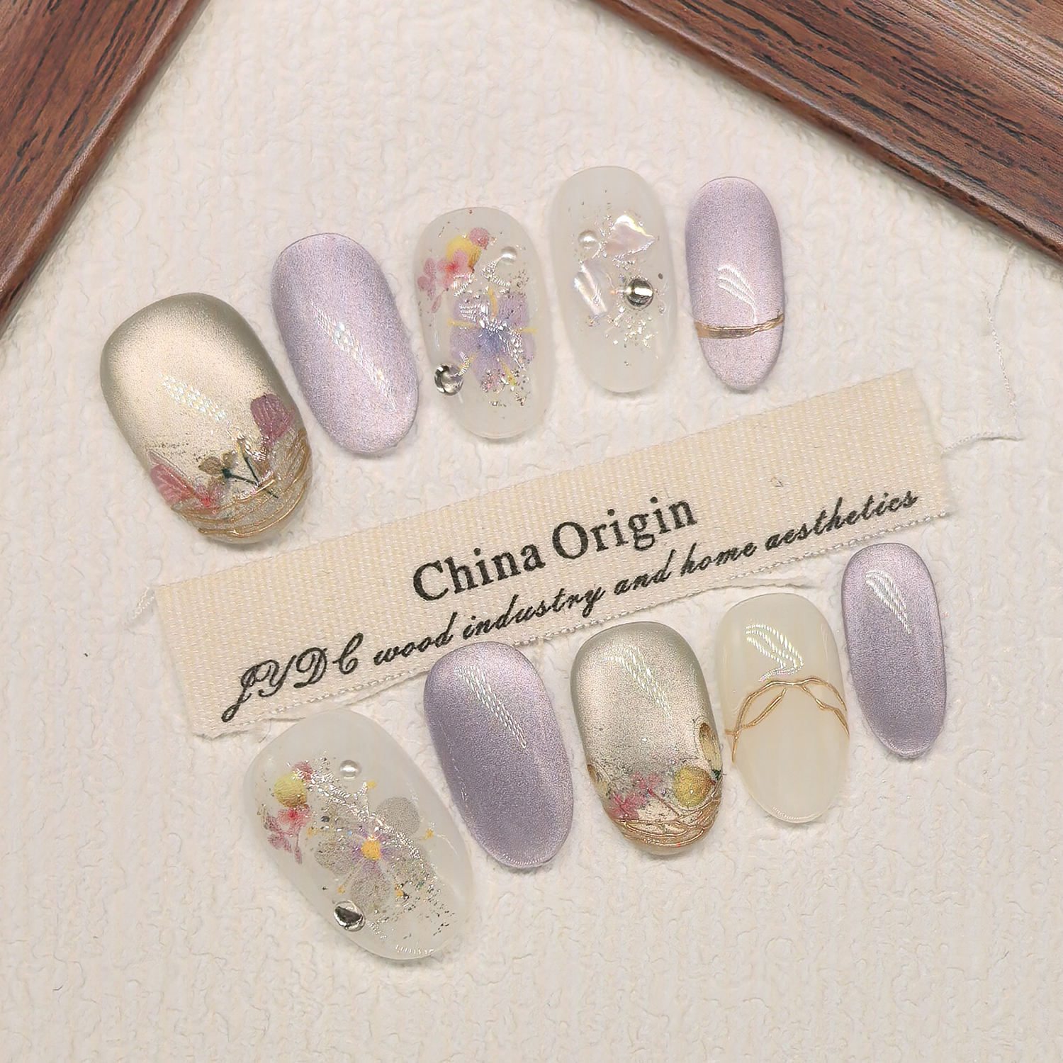 纯手工【温花语】春夏清新温柔花瓣气质显白猫眼鎏金短椭圆穿戴甲