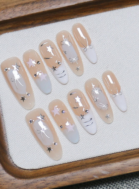 新款纯手工穿戴甲长款高级感法式假指甲可拆卸重复使用美甲贴片