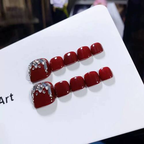E131纯手工脚趾甲穿戴甲贴片酒红显白脚甲贴片2026新款高级感