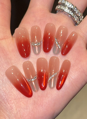 【红韵美人】新年款红色锆石钻猫眼纯手工穿戴甲显白美甲贴片