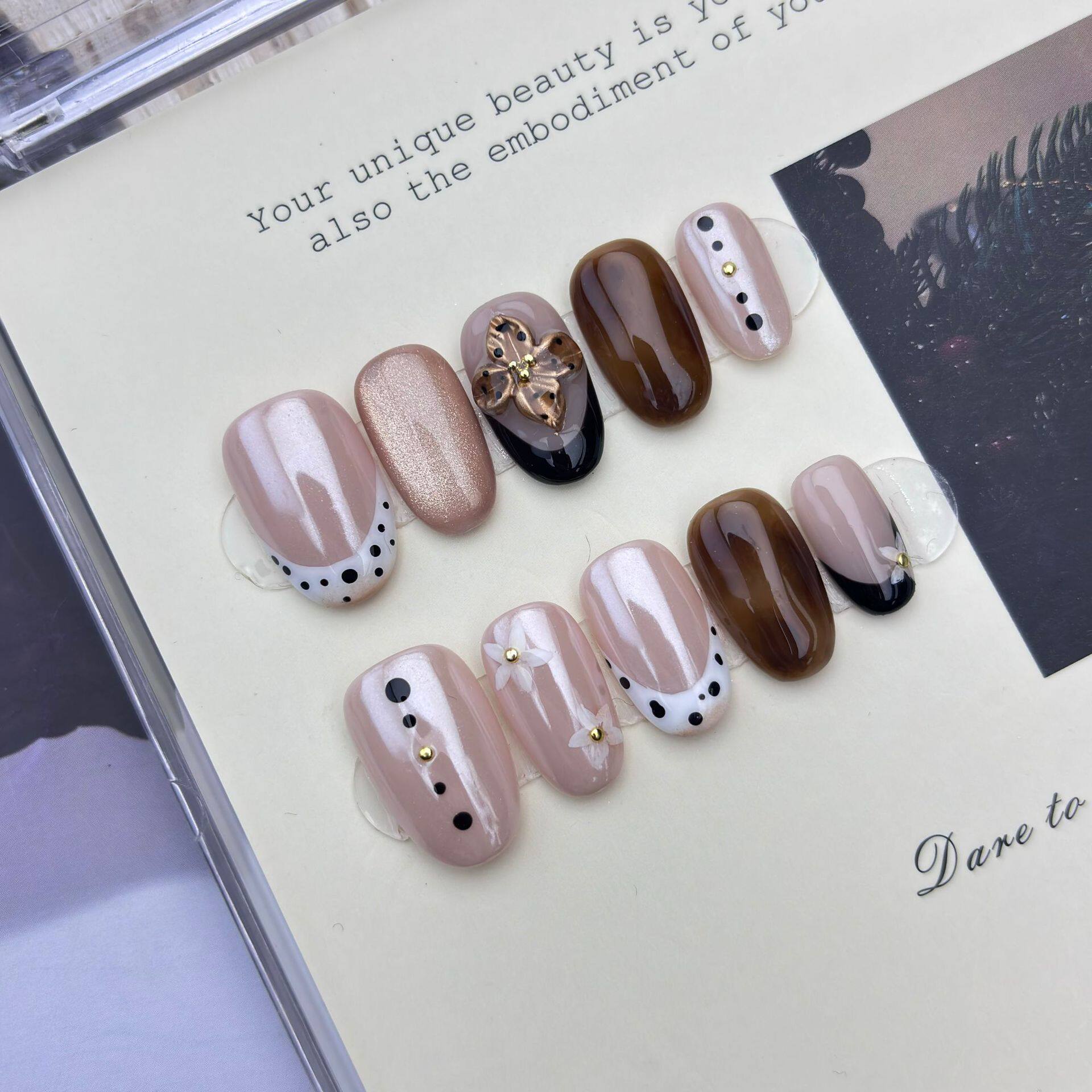 【杏花琥珀】ins风穿戴甲3d立体美甲假指甲波点法式纯手工穿戴甲