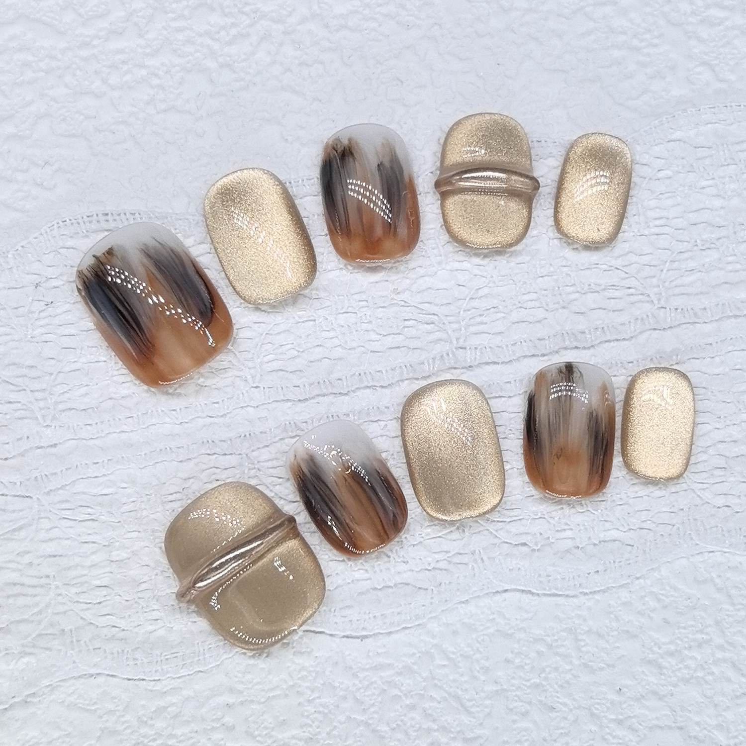 原创【金韵染】秋冬新款棕色系纯手工高级晕染气质显白猫眼穿戴甲