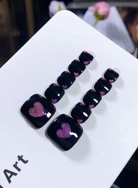 E1081夏季新款爱心猫眼纯手工穿戴脚甲甜酷黑色显白脚趾甲贴片