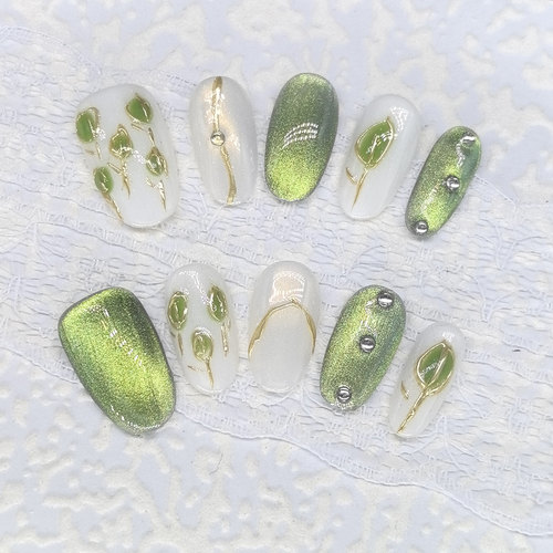 原创【丛林之光】夏季高级爆闪极光猫眼ins风纯手工显白穿戴甲