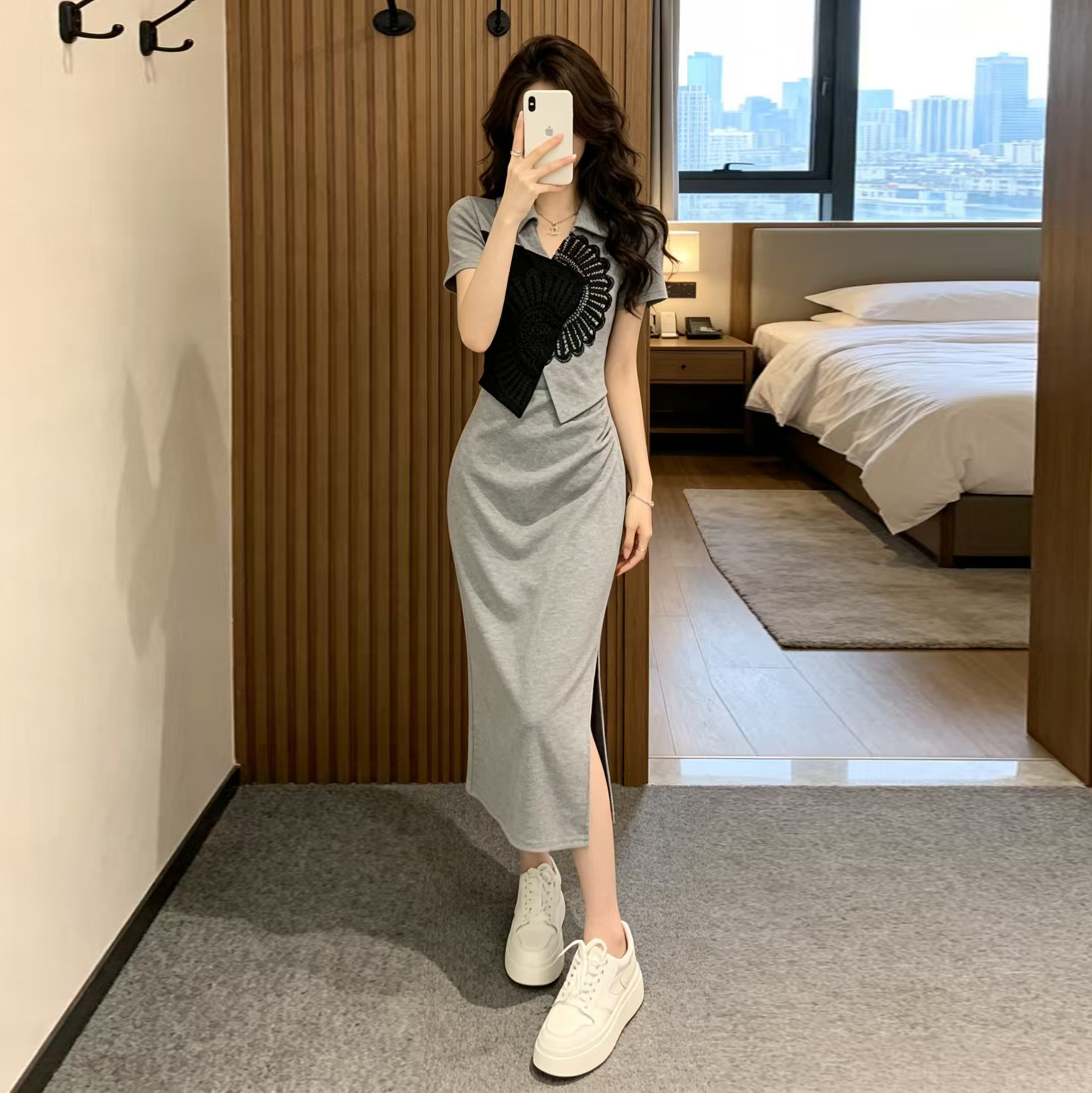 灰色休闲短袖连衣裙女夏季法式复古气质设计感小众假两件拼接裙子