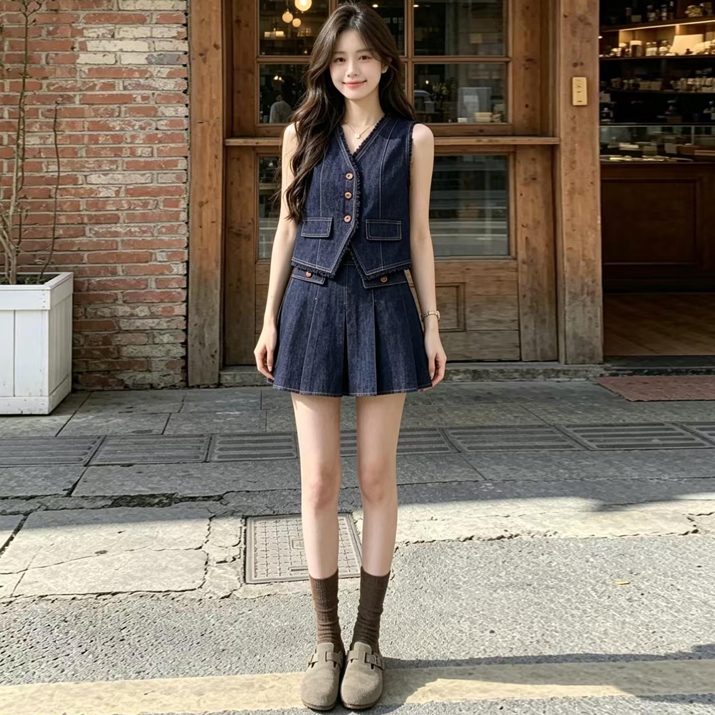 怀旧复古时尚套装女夏季港风牛仔马甲无袖上衣裙裤两件套夏新款