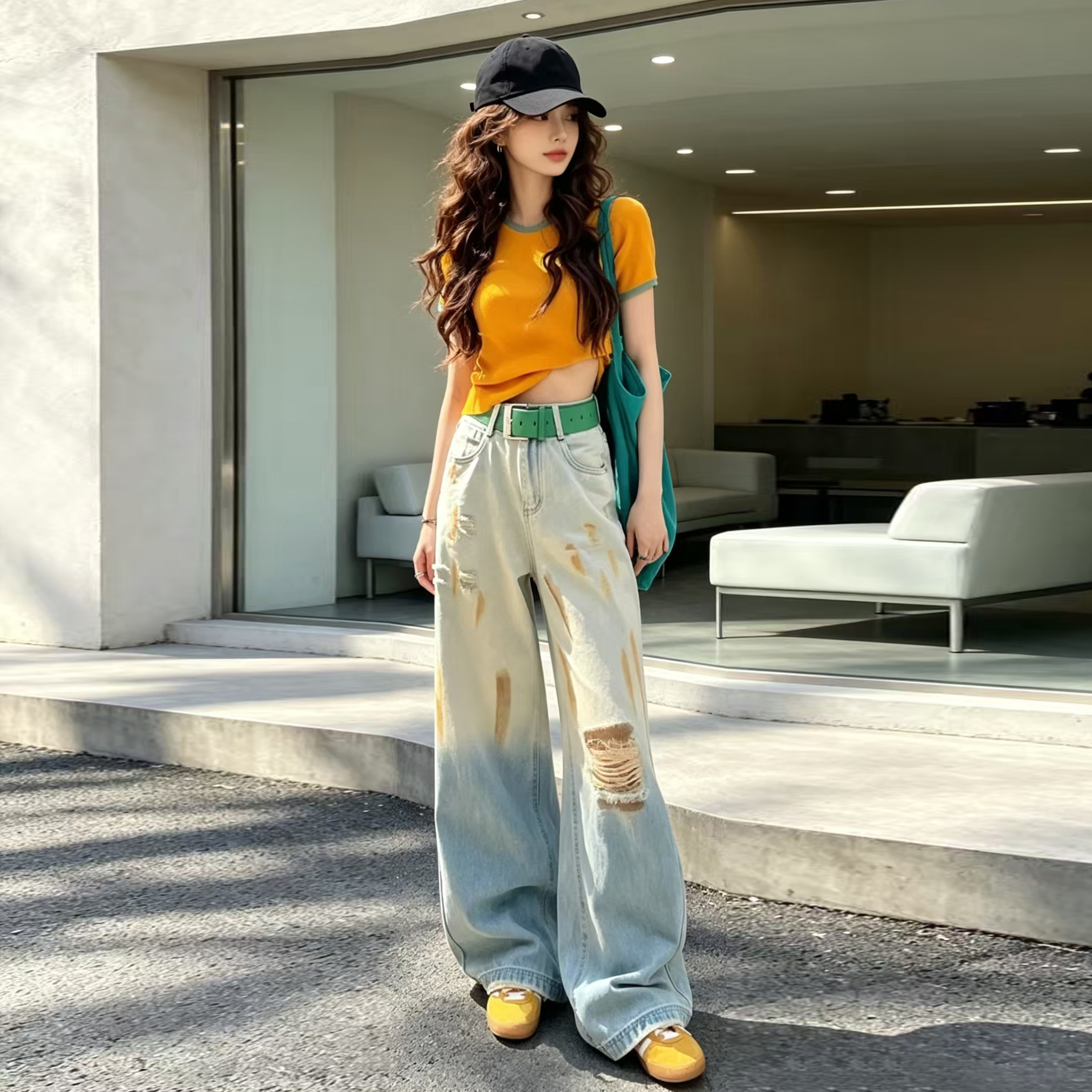 酷飒拽姐高级感套装女夏季时尚休闲运动短袖破洞牛仔阔腿裤两件套