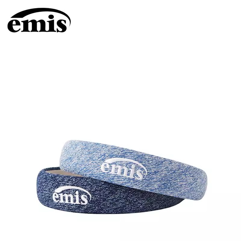 韩国emis发箍女刺绣字母牛仔布艺蓝色头箍气质简约百搭宽边发饰