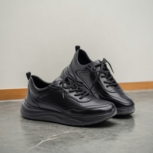 江苏玉人男鞋春秋季真皮系带牛皮全黑色运动鞋厚底超轻休闲鞋