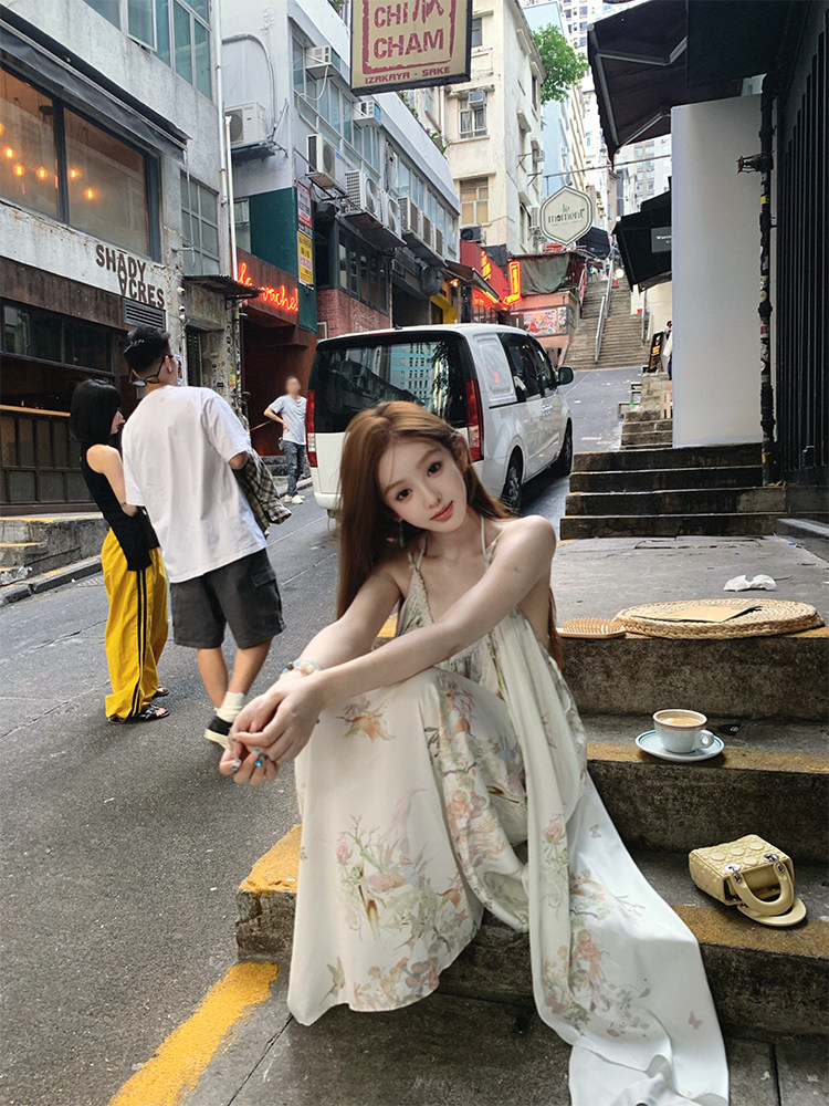DOGGYQIN 남부 스타일|새로운 중국 스타일 중국 스타일 얼룩 인쇄 서스펜더 탑 스트레이트 레그 와이드 레그 팬츠 투피스 세트