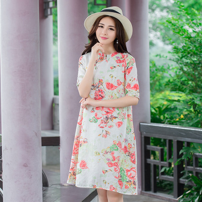 9686 新款2018春夏季女装连衣裙复古印花中袖