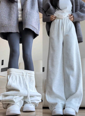 白灰色lulu同款运动卫裤女2025新款高腰显瘦羊羔绒美式直筒裤子