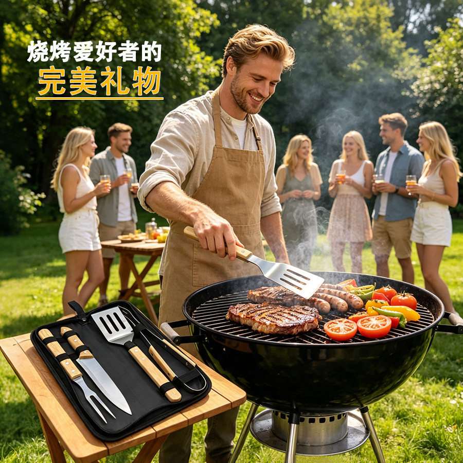 户外BBQ烧烤工具四件套不锈钢铲夹叉刀组合烤肉工具带收纳包