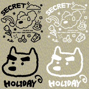 2024新款简约手绘黑白英文小狗图案热转印衣服印花辅料贴白墨烫画