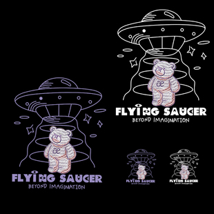 潮流可爱飞碟字母线熊图案热转印服装辅料贴柯式过粉胶印烫画印花