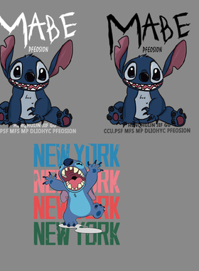 网红ins爆款欧美卡通史迪仔字母图案热转印烫画贴柯式过粉胶印贴