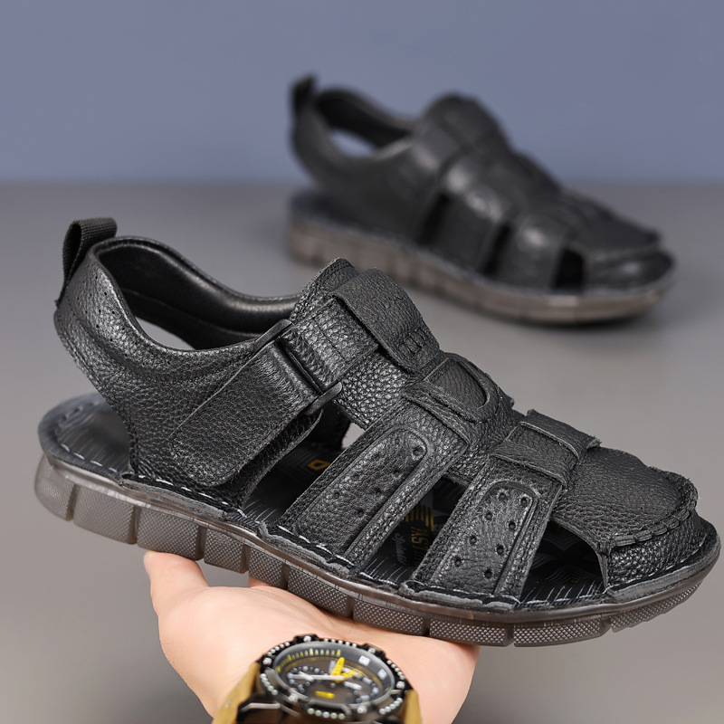 夏季头层牛皮男士包头凉鞋真皮透气沙滩鞋男款休闲鞋爸爸男鞋皮鞋