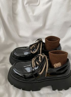 粗跟厚底增高系带黑色小皮鞋女2025年秋季新款百搭英伦风复古